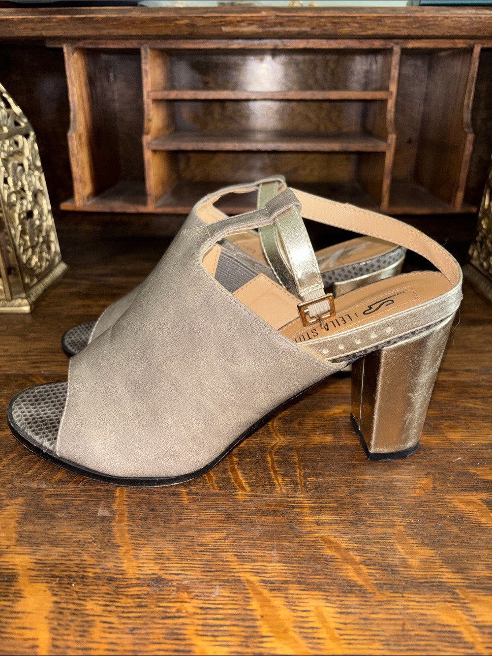 Leila Stone Metallic Taupe Open-Toe Block Heel Slingback
